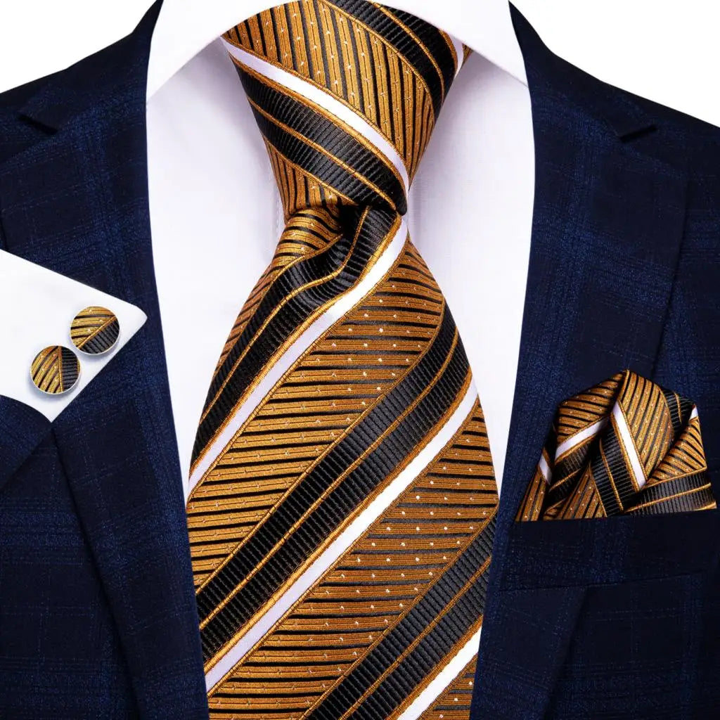 Hi-Tie Luxury Gold Orange Striped Paisley Silk Wedding Tie For Men Hanky Cufflink Gift Mens Necktie Business Party Dropshipping