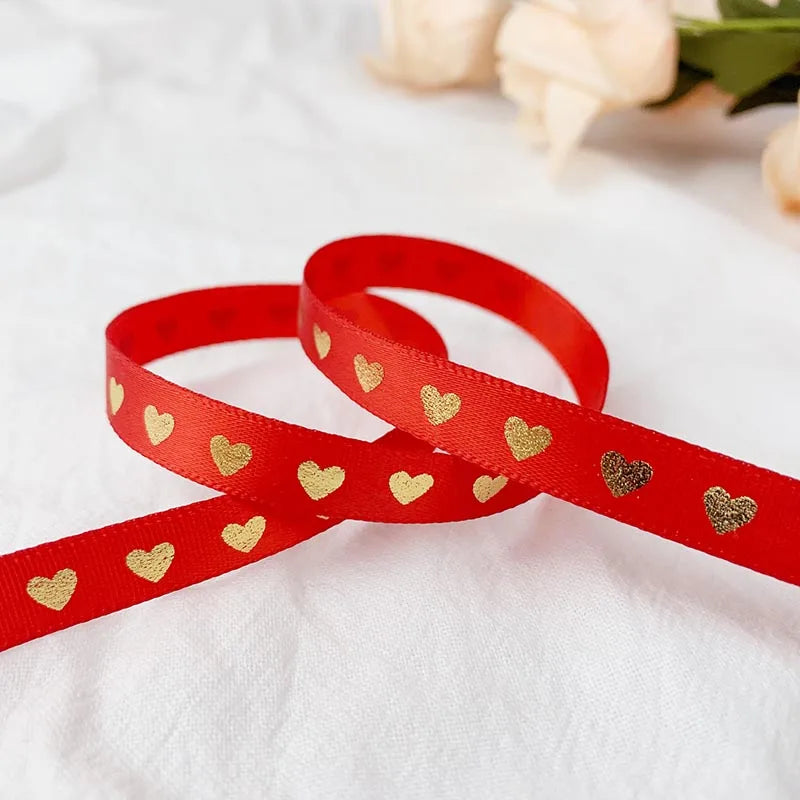 5 Yards 10mm Satin Ribbons Heart Pattern Printed Ribbon For Crafts DIY Bow Handmade Gift Wrap Party Wedding Christmas Decor