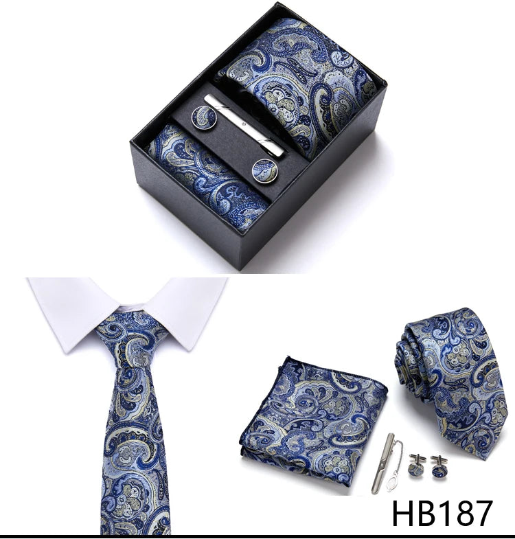 Brand Wholesale Tie Pocket Squares Cufflink Set Necktie Blue Striped Man Wedding Accessories Fit Workplace Holiday Gift Box