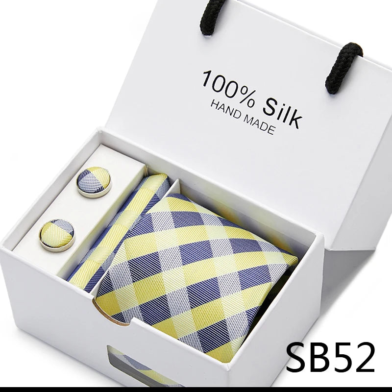 Brand 100% Silk Ties Gift box Office  Men Classic Party Wedding striped 7.5cm Silk Wedding  Floral Tie Necktie Handkerchief Set