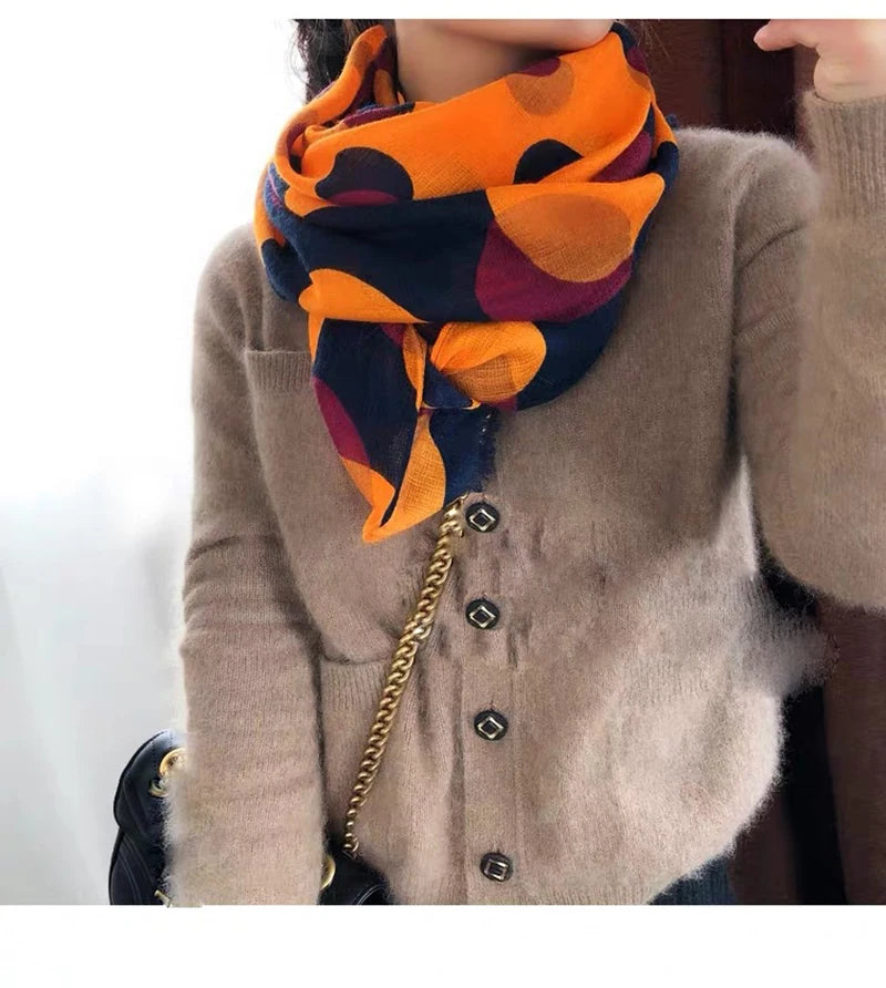 Luxury Brand Cotton Scarf For Women Winter Warm Viscose Scarves Orange Polka Dot Print Designer Fashion Pashmina Shawls Scarfs