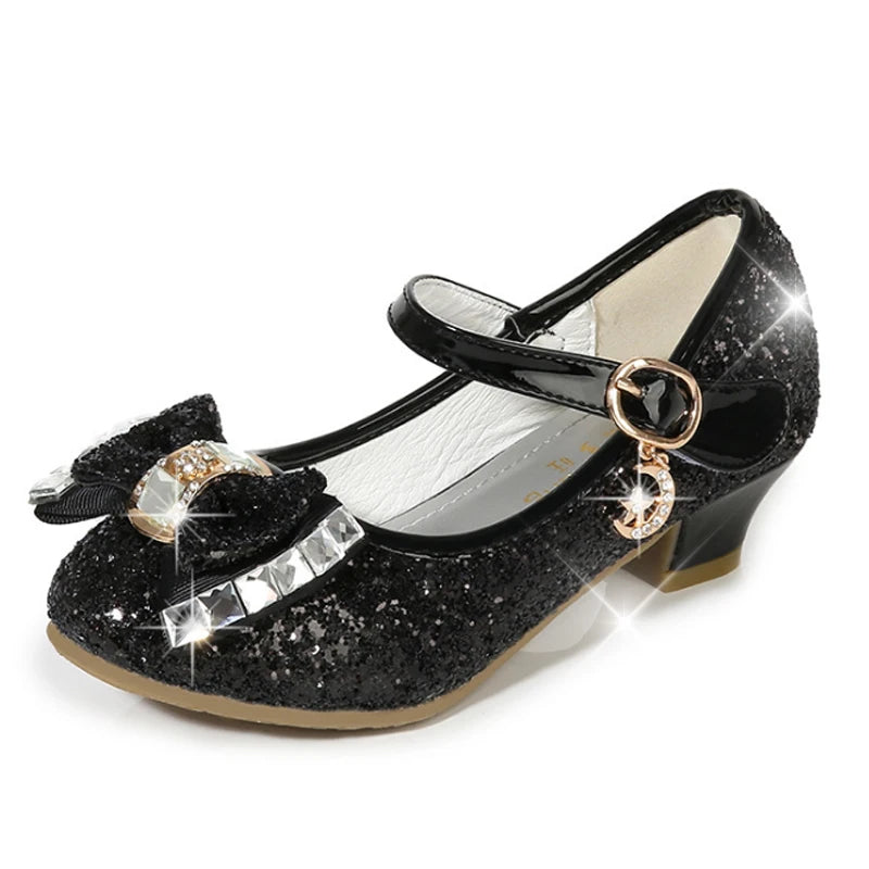 Princess Kids Leather Shoes for Girls Flower Casual Glitter Children High Heel Girls Shoes Butterfly Knot Blue Pink Silver