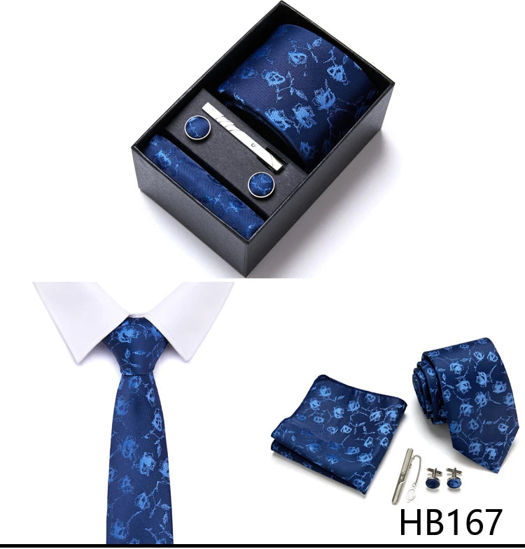 Brand Wholesale Tie Pocket Squares Cufflink Set Necktie Blue Striped Man Wedding Accessories Fit Workplace Holiday Gift Box