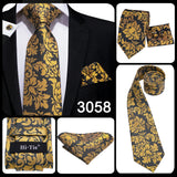 Hi-Tie Elegant Mens Necktie Black Gold Striped Paisley Silk Wedding Nicktie For Men Hanky Cufflinks Business Party Dropshipping