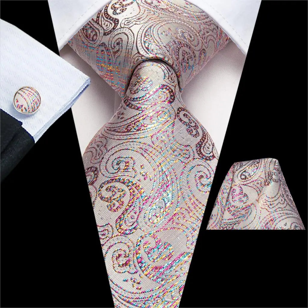 Hi-Tie Luxury Floral Paisley Ties for Men Male Desigenr Red Green Snow Ties for Christmas Adult Silk Tie Hanky Cufflinks Tie Set