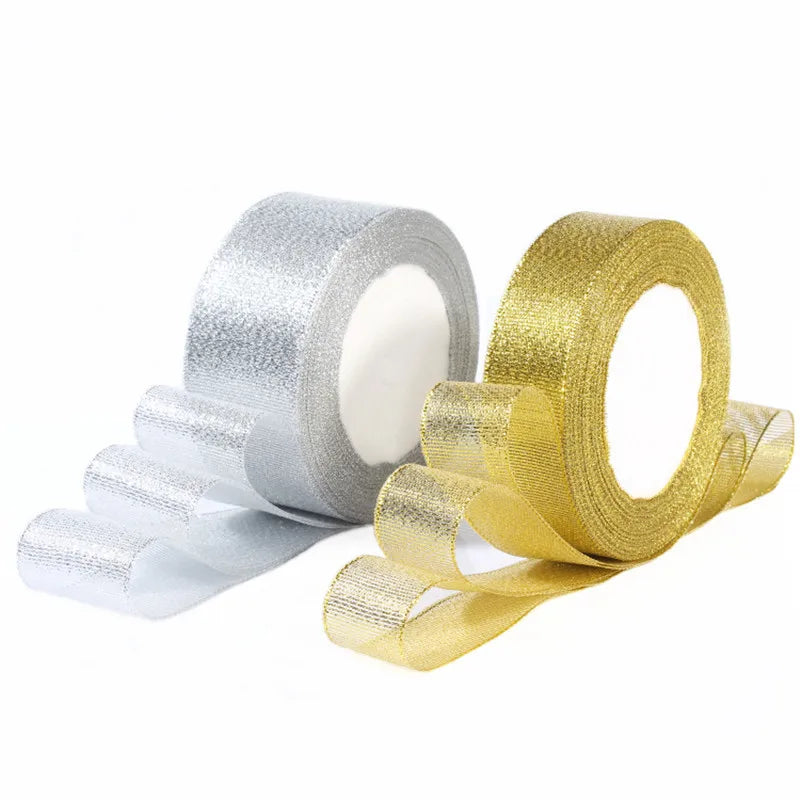 Gold/Silver Silk Satin Organza Ribbon 0.6-5CM Glitter Embroidered Onions Ribbons for Wedding Cake Gift Decoration Craft Supplies