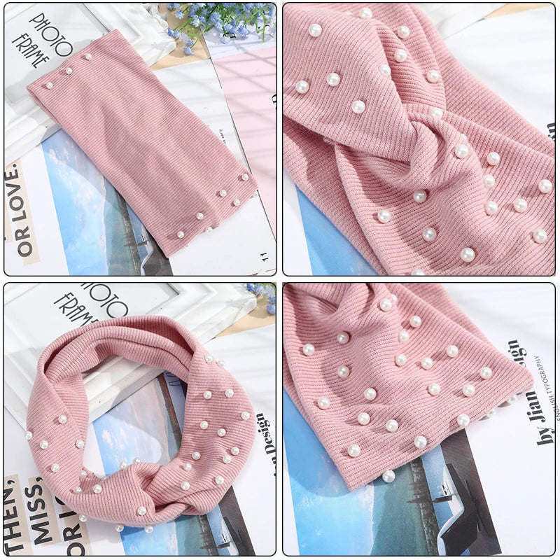 AWAYTR Women's Headbands Pearls Head Bands Knitted Turban Bandana Autumn Winter Elastic Hairband Warm Hair Accessories Headdress