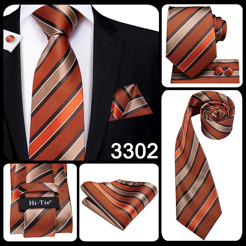 Hi-Tie Men's Tie Set Orange Black Paisley Silk Wedding Ties For Men New Fashion Design Quality Hanky Cufflinks Set Dropshipping