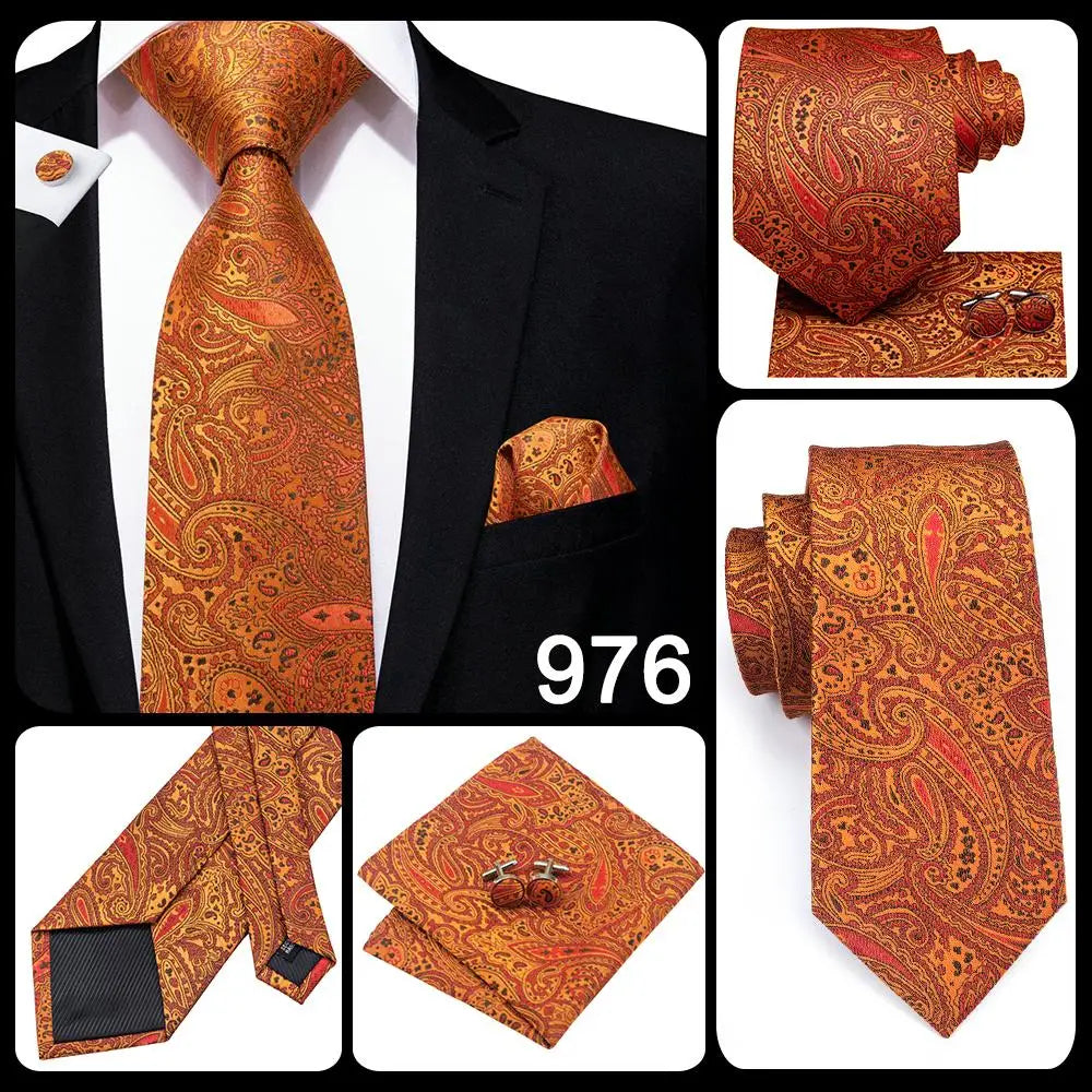 Hi-Tie Luxury Gold Orange Striped Paisley Silk Wedding Tie For Men Hanky Cufflink Gift Mens Necktie Business Party Dropshipping