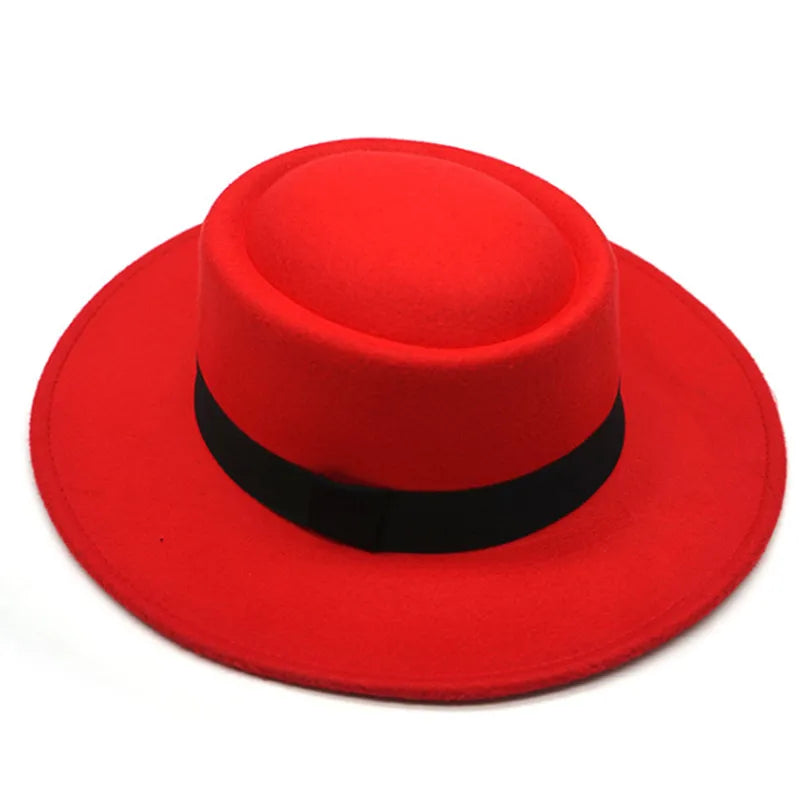 Red fedora hat men's flat top hat ladies felt jazz hat oval hat Panama new hip-hop fedora hat flat brim wholesale