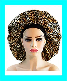 Leopard Print Satin Bonnet Cap Wide Rubber Band Nightcap Hair Care Hat