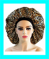 Leopard Print Satin Bonnet Cap Wide Rubber Band Nightcap Hair Care Hat