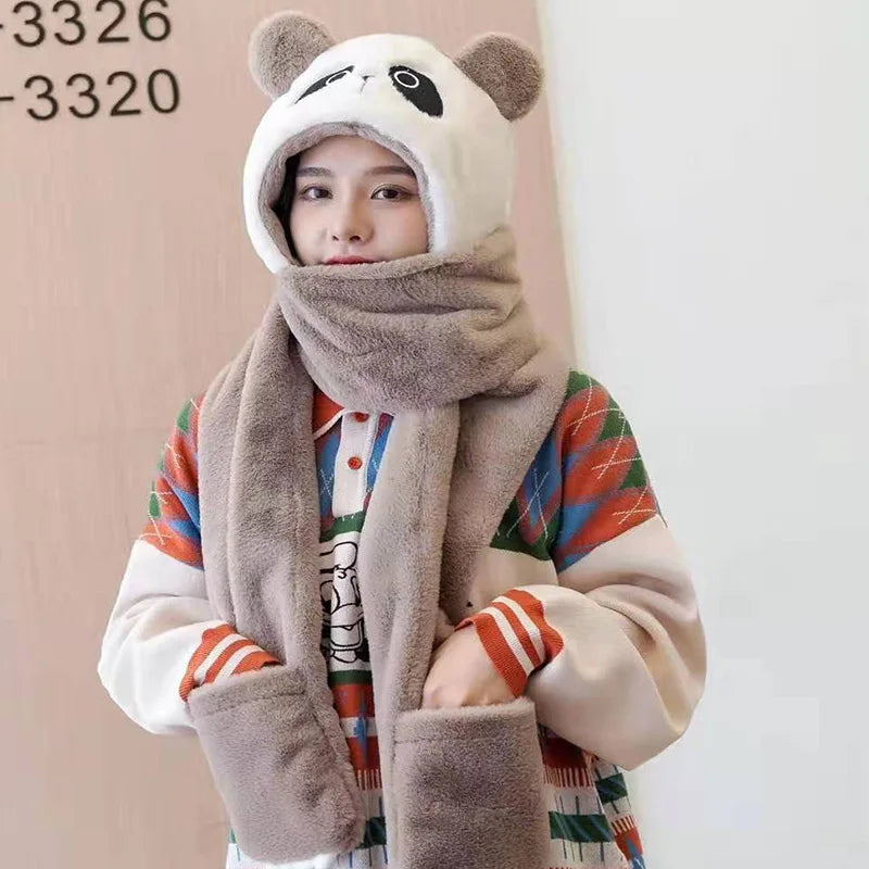 Panda plush Ladies Winter Riding Warm Windproof Gloves Bib Hat Three Piece Women Bear Ear Scarf One-Piece Cap Antlers Female Hat