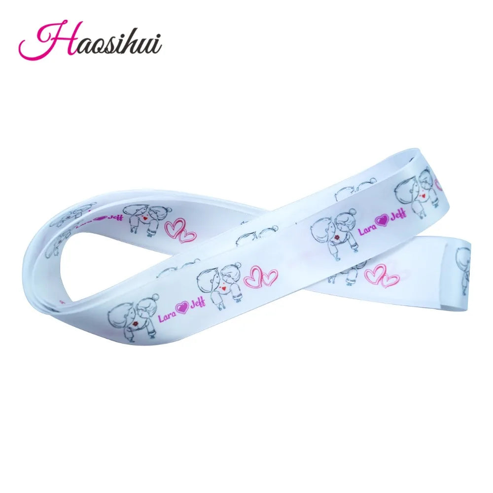 HAOSIHUI Custom Satin Ribbons Personalized Logo Printed Single Face 10~50~100 Yards Polyester for Gift Wedding Birthday DIY Tape