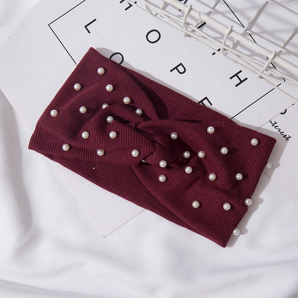 Bow Women's Headbands Pearls Head Bands Knitted Turban Bandana Autumn Winter Elastic Hairband Warm Hair Accessories Headdress