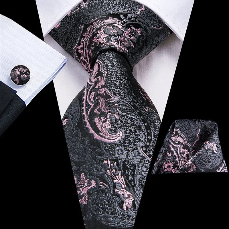 Hi-Tie Luxury Floral Paisley Ties for Men Male Desigenr Red Green Snow Ties for Christmas Adult Silk Tie Hanky Cufflinks Tie Set