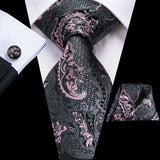 Hi-Tie Luxury Floral Paisley Ties for Men Male Desigenr Red Green Snow Ties for Christmas Adult Silk Tie Hanky Cufflinks Tie Set