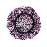 Leopard Print Satin Bonnet Cap Wide Rubber Band Nightcap Hair Care Hat