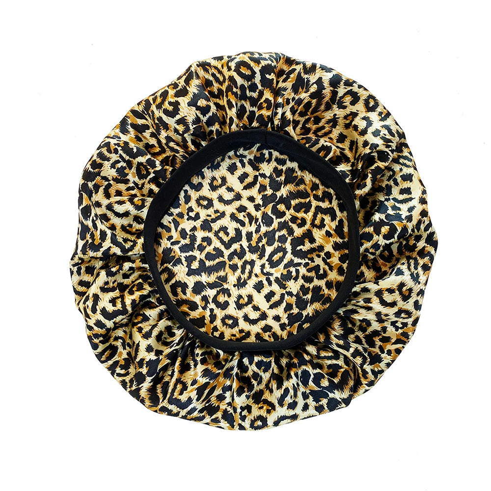 Leopard Print Satin Bonnet Cap Wide Rubber Band Nightcap Hair Care Hat