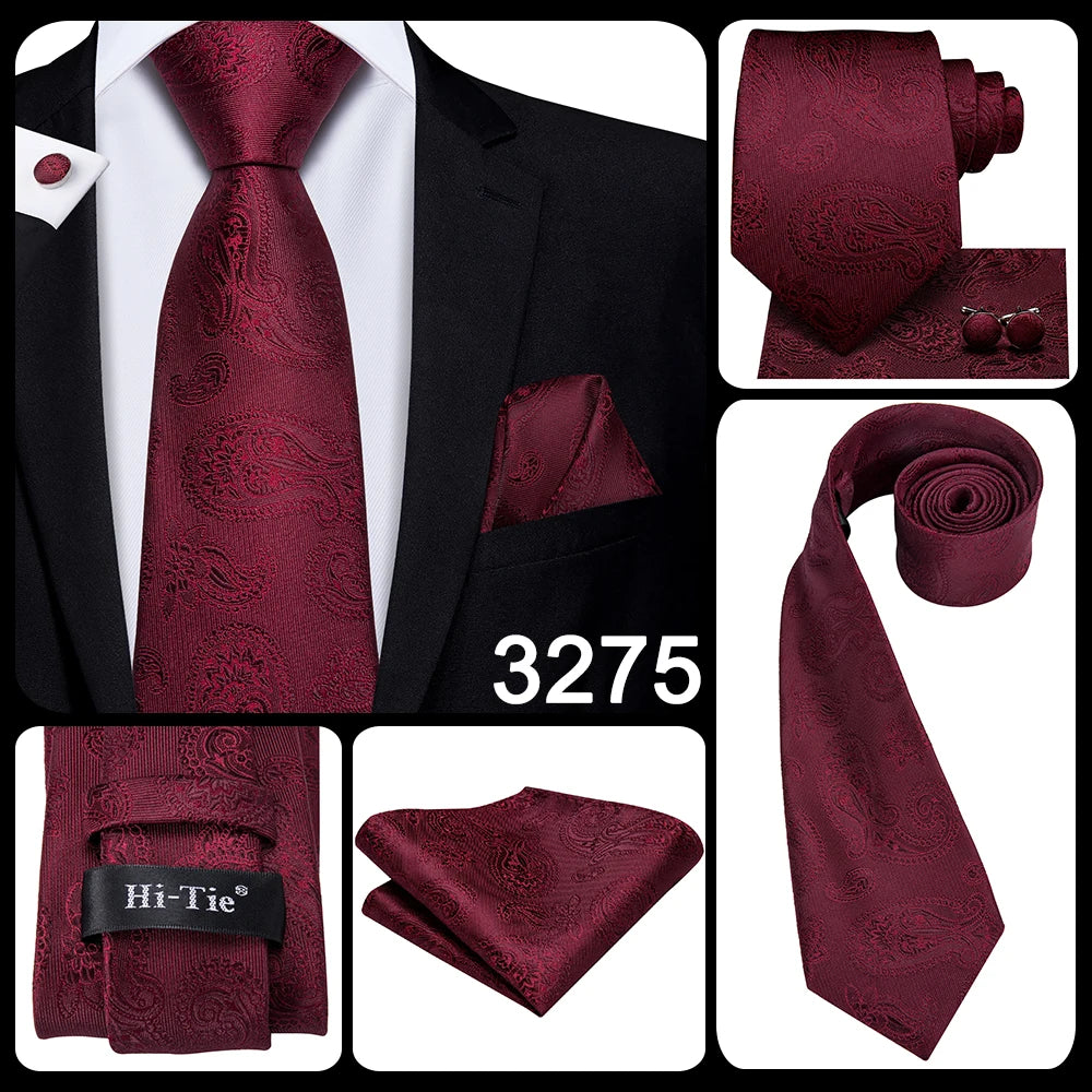 Hi-Tie Mens Gift Tie Set Red Wine Burgundy Paisley Silk Wedding Tie For Men Fashion Design Quality Hanky Cufflink Dropshipping