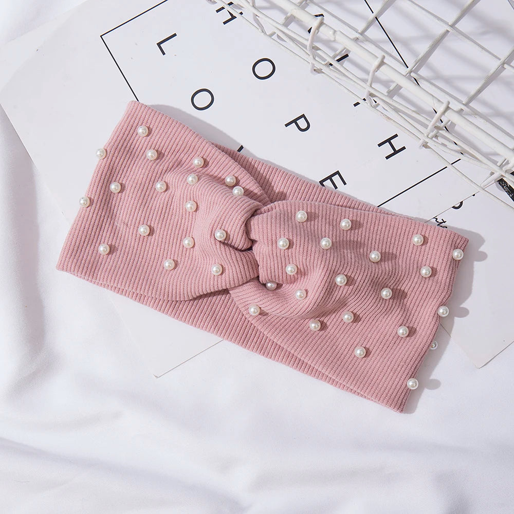 Bow Women's Headbands Pearls Head Bands Knitted Turban Bandana Autumn Winter Elastic Hairband Warm Hair Accessories Headdress