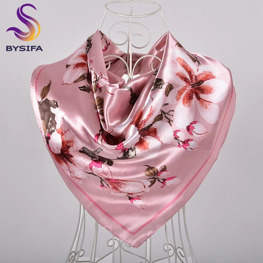 BYSIFA 2020 Pink Ladies Square Scarves Hijabs Printed Fashion Elegant Women Satin Silk Scarf Headscarf Luxury Sweet Neck Scarf