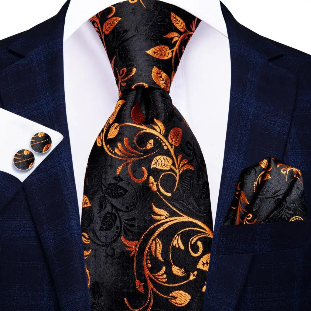 Hi-Tie Luxury Gold Orange Striped Paisley Silk Wedding Tie For Men Hanky Cufflink Gift Mens Necktie Business Party Dropshipping