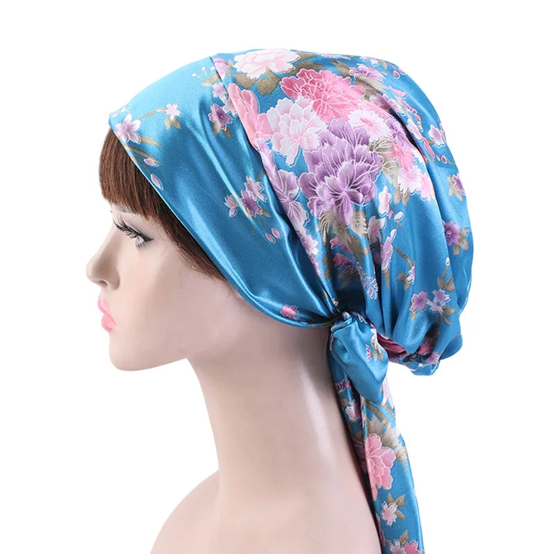 New Women silky satin night sleeping cap head wrap Bowknot Turban Pre Tied Fitted Bandana Chemo cap Nightcap hair loss patients