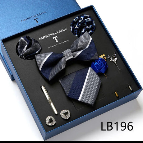 Holiday Gift Box Tie For Men 7.5 cmTie Hanky Pocket Squares Cufflink Set Bow Tie Clip Necktie Box Purple hombre Geometric Office