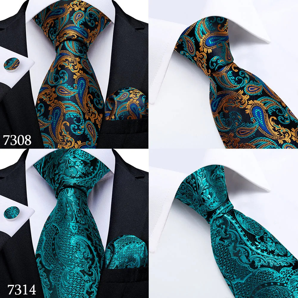 DiBanGu Green Teal Ties For Men Hanky Cufflinks Set 17 Styles Necktie For Male Business Wedding Party Mens Ties New Arrival Tie