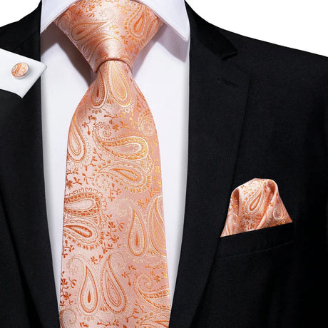 Hi-Tie Men's Tie Set Orange Black Paisley Silk Wedding Ties For Men New Fashion Design Quality Hanky Cufflinks Set Dropshipping