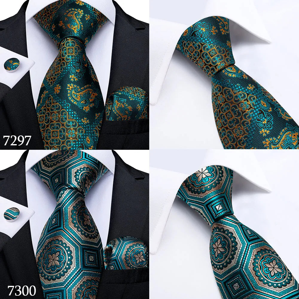 DiBanGu Green Teal Ties For Men Hanky Cufflinks Set 17 Styles Necktie For Male Business Wedding Party Mens Ties New Arrival Tie