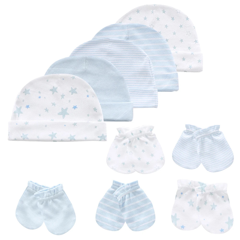Newborn Boy Girl Hats and Mittens Sets Comfy Infant Baby 5Pcs Caps & 5Pcs Gloves Cotton Toddler Baby Accessorise