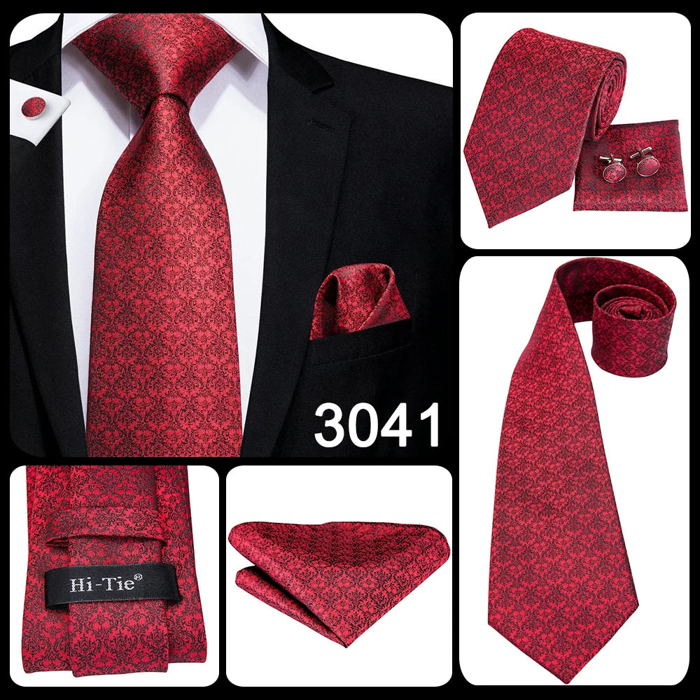 Hi-Tie Mens Gift Tie Set Red Wine Burgundy Paisley Silk Wedding Tie For Men Fashion Design Quality Hanky Cufflink Dropshipping