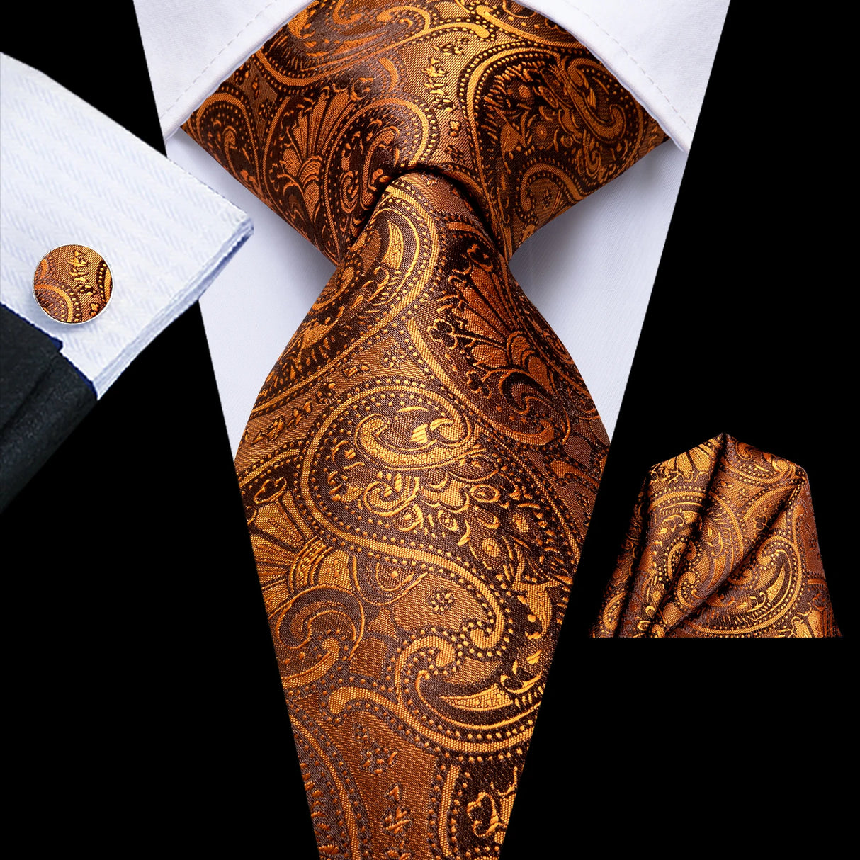 Hi-Tie Men's Tie Set Orange Black Paisley Silk Wedding Ties For Men New Fashion Design Quality Hanky Cufflinks Set Dropshipping