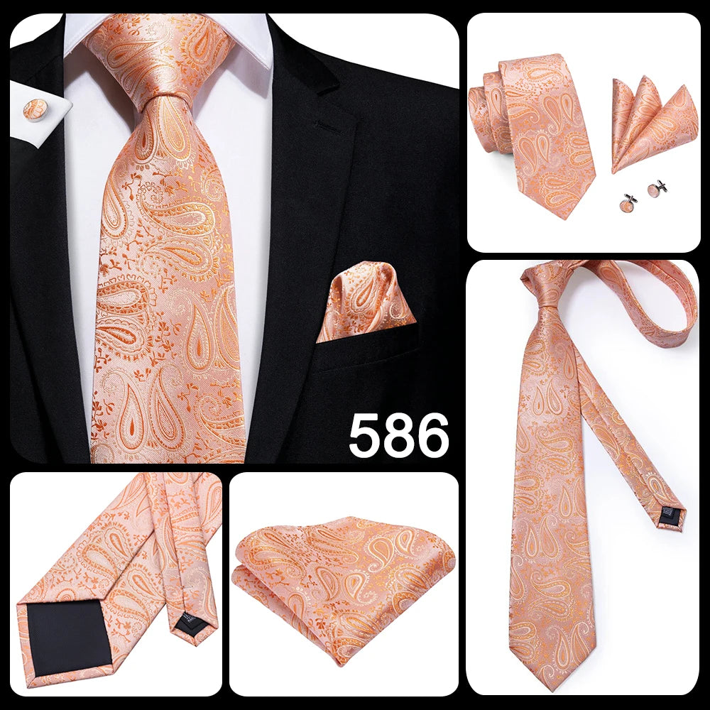 Hi-Tie Men's Tie Set Orange Black Paisley Silk Wedding Ties For Men New Fashion Design Quality Hanky Cufflinks Set Dropshipping