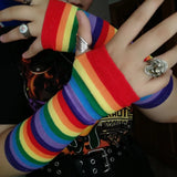 Elbow Length Fingerless Gloves Rainbow Arm Sleeve Warmer Rainbow Striped Knitted Sunscreen Halloween Costume Fingerless Mittens