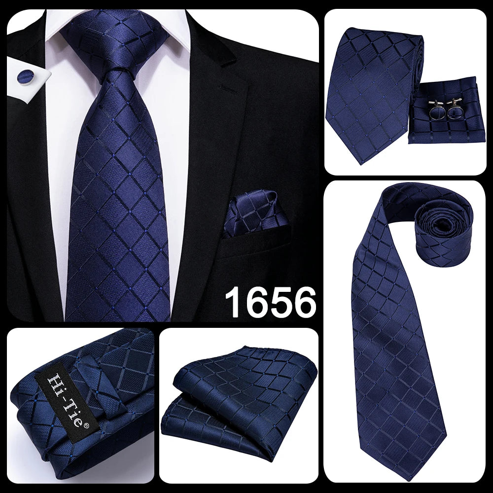 Hi-Tie Navy Plaid For Men Silk Woven Ties Solid Cravat Necktie Set Cufflinks Tie Clip Gift Box for Husband Male HB-1656