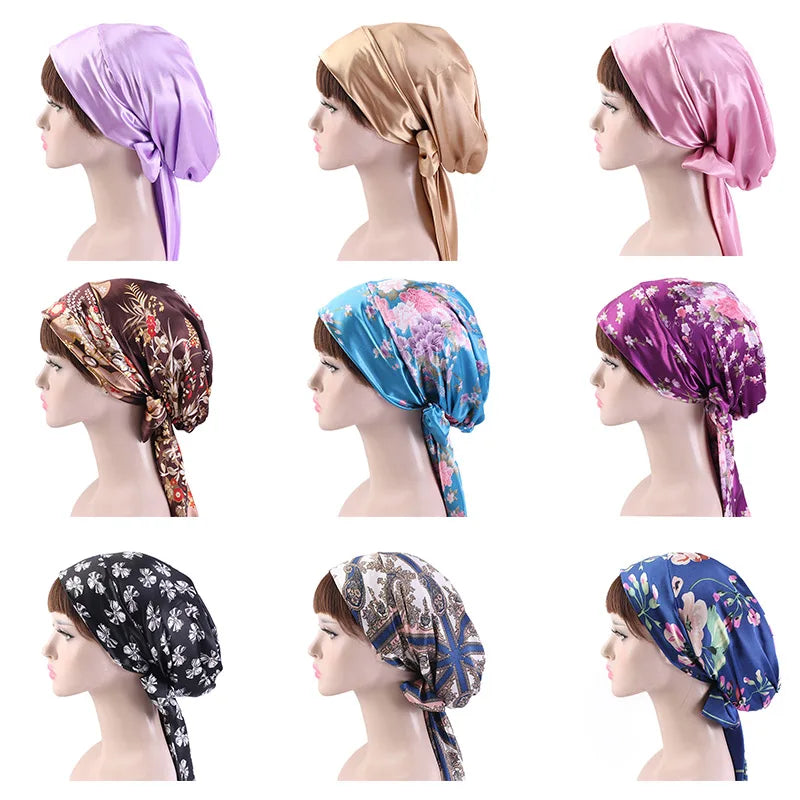 New Women silky satin night sleeping cap head wrap Bowknot Turban Pre Tied Fitted Bandana Chemo cap Nightcap hair loss patients