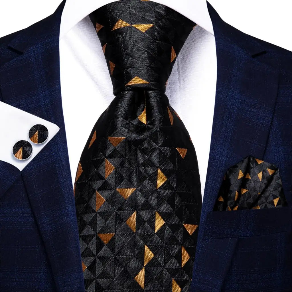 Hi-Tie Elegant Mens Necktie Black Gold Striped Paisley Silk Wedding Nicktie For Men Hanky Cufflinks Business Party Dropshipping