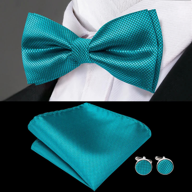 Hi-Tie Christmas Green Bow Ties for Men Silk Butterfly Tie Bow Tie Hanky Cufflinks Set Wedding Party Paisley Plaid Solid Bowtie