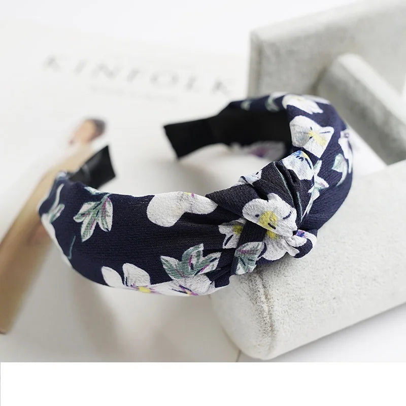 Women Elegant Top Knot Headband Print Dot Hairbands Girls Striped Plaid Flower Hair Hoop Fashion Hair Accessories FG0320