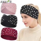 AWAYTR Women's Headbands Pearls Head Bands Knitted Turban Bandana Autumn Winter Elastic Hairband Warm Hair Accessories Headdress