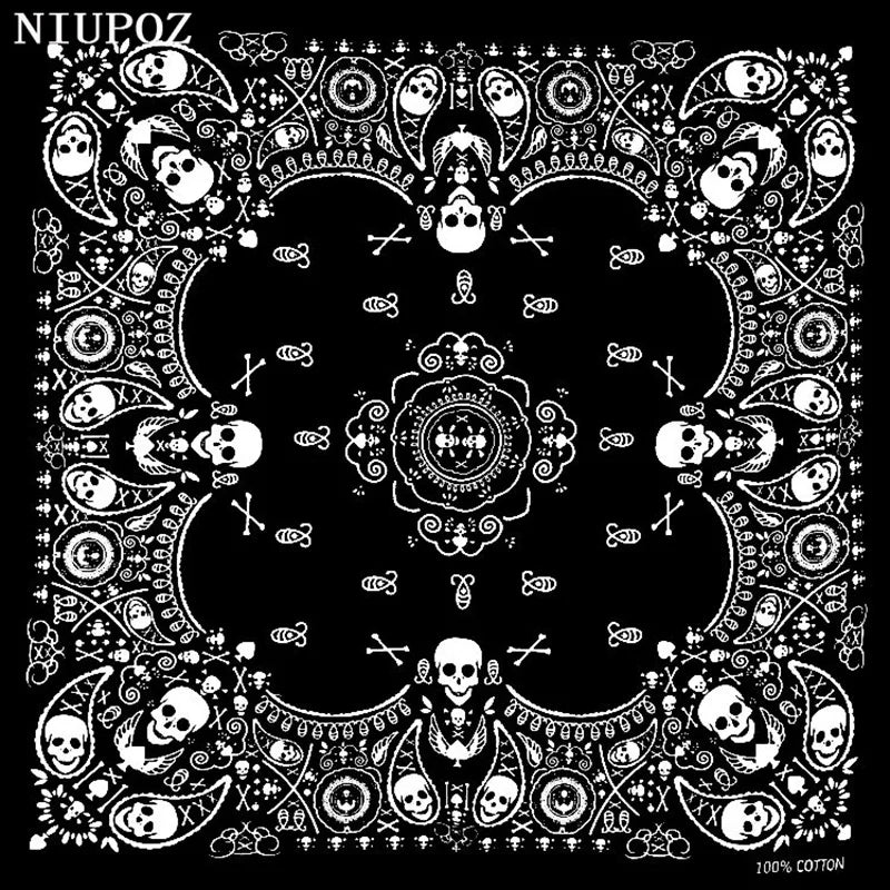 New Design Fashion Hip Hop 100% Cotton Skull Bandana Square Scarf Black Paisley Bicycle Headband For Women/Men/Boys/Girls