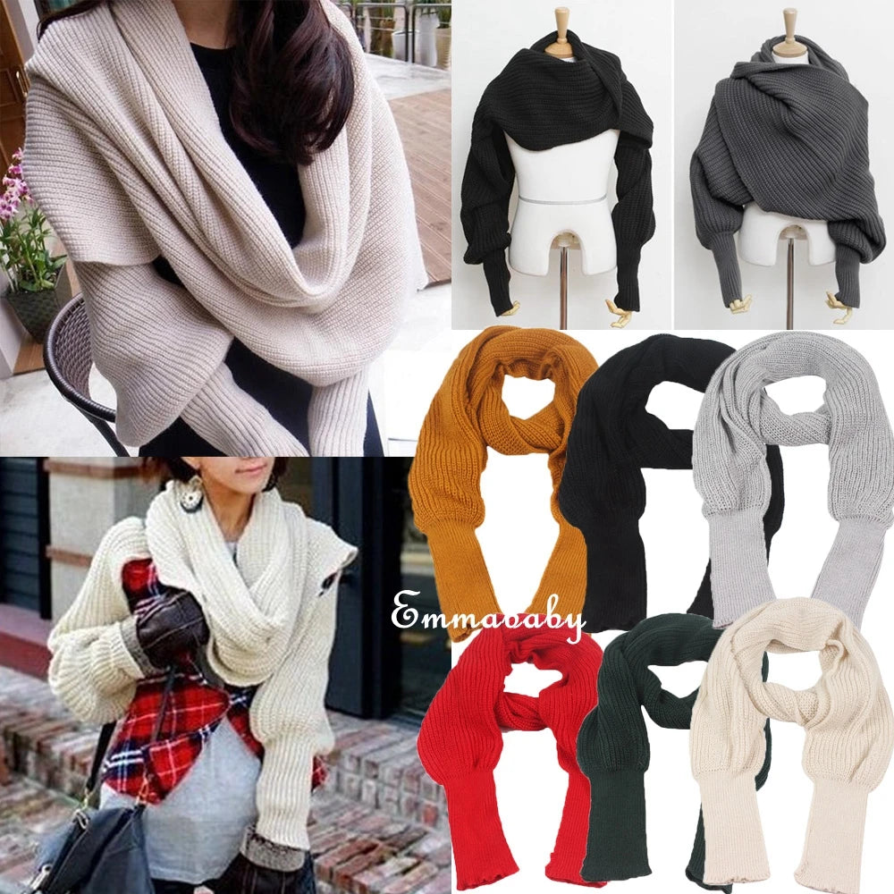 Casual Women Knit Scarf with Sleeves Winter Warm Wrap Shawl Female Solid Knitted Scarves 2020 Fashion Girls Solid Scarf