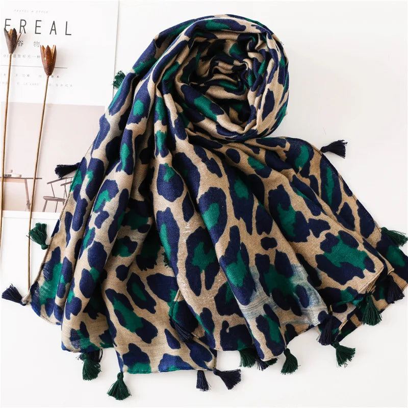 Fashion Printed Leopard Scarf Female Spring Muslim Women Hijab Scarves Tassel Large Size Headband Handkerchief Women's Bandana