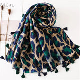 Fashion Printed Leopard Scarf Female Spring Muslim Women Hijab Scarves Tassel Large Size Headband Handkerchief Women's Bandana