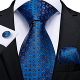 DiBanGu 8cm Blue Plaid Paisley Dot 100% Silk Men Tie Business Formal Wedding Party Necktie Hanky Cufflinks Set Mens Ties Gift