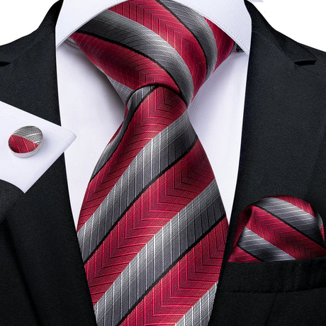 Fashion Striped Tie For Men Red Wine White Silk Wedding Tie Hanky Cufflink Gift Tie Set DiBanGu Novelty Design Business MJ-7337