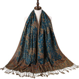 Pashmina Silk Scarf Shawl Wrap Paisley Jacquard Flowers Borders Rave 2 Layers Reversible Classic Tassels For Women 70X180cm 200g